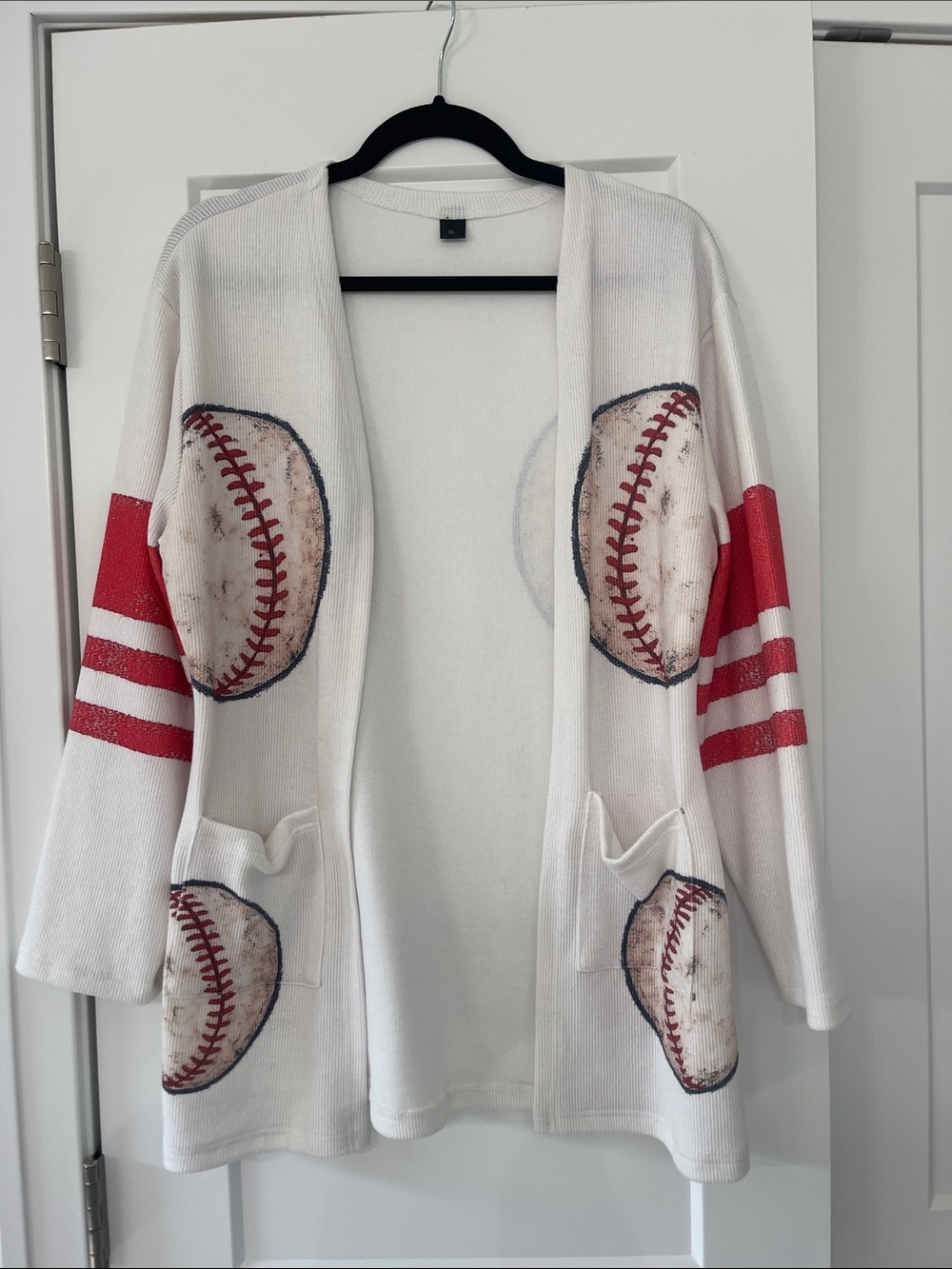 Women’s White Baseball Graphic Open Cardigan Sweater with Red Accents
